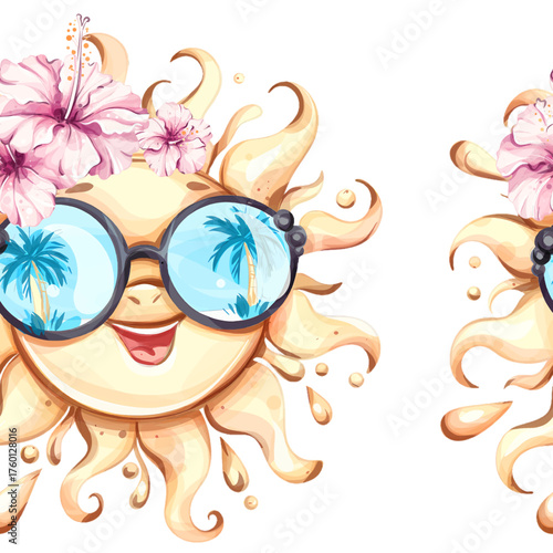 Cheerful sun wearing stylish sunglasses with floral accents creates a seamless pattern background, perfect for summer vacations, beach parties, and festive occasions as wallpaper or decor