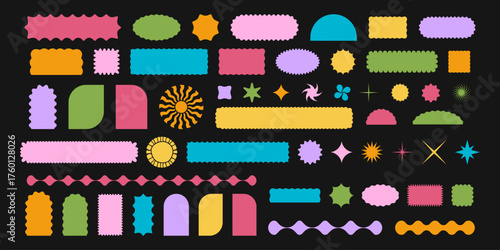 Set of colorful geometric forms with wavy edges. Cute basic shapes with curved borders. Empty textbox, sticker, tag or label templates isolated on black background. Vector flat illustration.