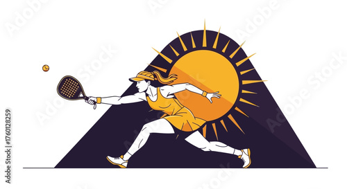Stylized vector illustration of a female athlete playing padel or tennis, caught in a dynamic pose against a large, radiant sun emblem