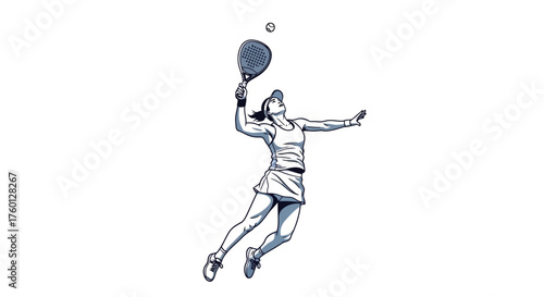 Vector illustration of a female padel player in mid-air, executing a powerful overhead smash shot with determination