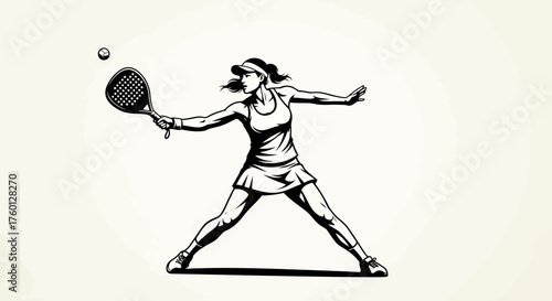 A dynamic illustration of a female tennis player in action on a light background, capturing her serve with a racket and ball