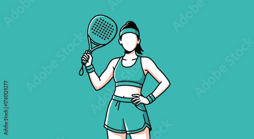 Stylish vector graphic of a determined woman padel player holding her racket, ready for a game, symbolizing athleticism, energy, and competitive spirit in racket sports