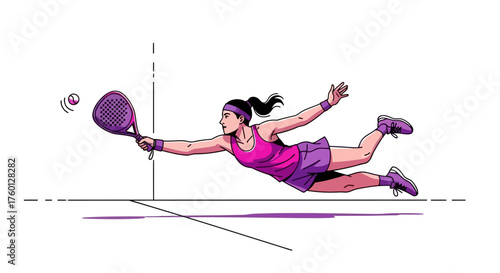 Vibrant illustration of a dynamic female padel tennis player making an incredible diving save on the court, showcasing remarkable agility and intense athletic action in a competitive match