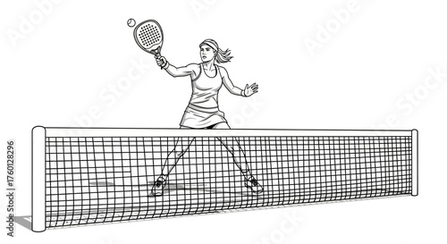 Female athlete playing paddle sport, striking ball over net. Dynamic illustration of active recreation and competitive spirit