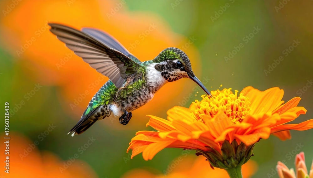 Fototapeta premium Hummingbird Drinking Nectar From Orange Flower During Daytime With Blurred Green Background