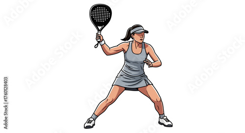 Illustration of a woman playing tennis in a gray outfit, preparing to hit the ball with a racket