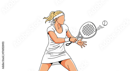 Dynamic illustration of a female athlete playing a modern racket sport, skillfully hitting the ball with her padel racket during an intense match. This graphic depicts competitive action