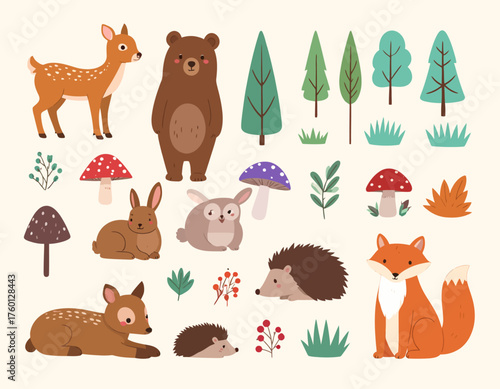 Cute Woodland Forest Animals Vector Set - Stylized Bear, Deer, Fox, Rabbit & Forest Elements