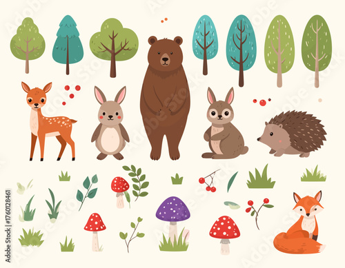 Cute Woodland Forest Animals Vector Set - Stylized Bear, Deer, Fox, Rabbit & Forest Elements