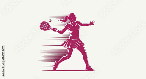 Dynamic vector illustration of a female athlete in action, swinging a padel racket with a powerful forehand shot and motion effects