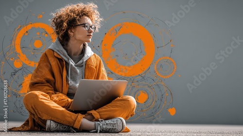 Young woman with curly hair wea glasses and a brown jacket sitting cross-legged on the floor using a laptop with abstract orange and gray background