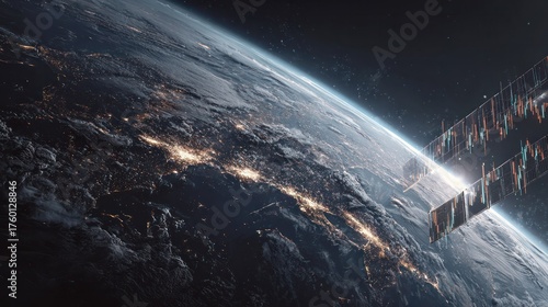 Fototapeta Naklejka Na Ścianę i Meble -  Stunning high-resolution satellite imagery of Earth from space showing illuminated cities, atmospheric details, space station module, and vibrant nighttime landscape