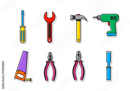 Illustration of various tools screwdriver wrench hammer drill saw pliers and chisel arranged in two rows