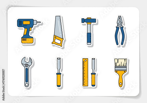 Sticker sheet with colorful cartoon tools drill saw hammer pliers wrench chisels ruler and paint brush