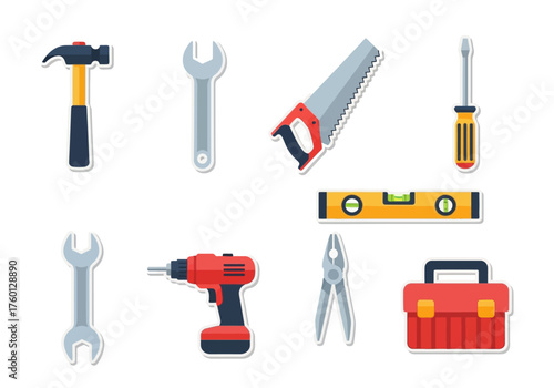 Set of flat vector tool icons hammer wrenches saw screwdriver level drill pliers and toolbox