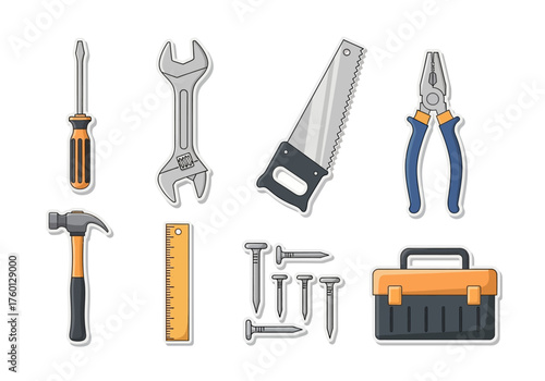 Tools Screwdriver wrench saw pliers hammer ruler nails and a toolbox are arranged on a white background