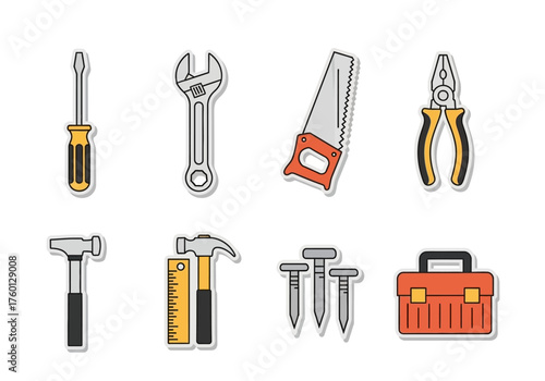 Tools set illustration screwdriver wrench saw pliers hammers ruler nails and toolbox on a white background