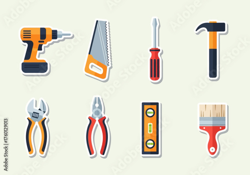 Tools set drill saw screwdriver hammer wrench pliers level brush cartoonstyle sticker icons on a light background