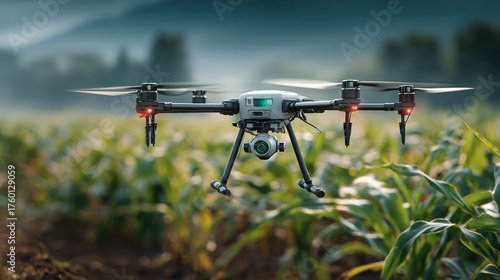 Hightech agricultural drone flying over lush green plant rows in open farmland du daylight for crop monito and precision agriculture