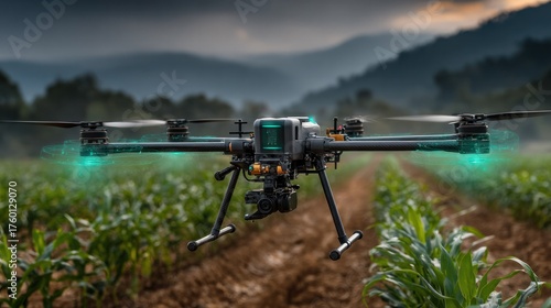 High-tech Agricultural Drone Flying Over Crops in a Field Du Daylight for Modern Farming and Precision Agriculture Applications