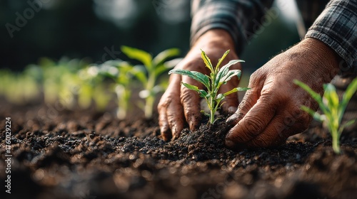 Hands Planting Young Seedlings in Rich Dark Soil for Sustainable Agriculture and Eco Friendly Farming Practices in a Greenhouse or Garden Setting