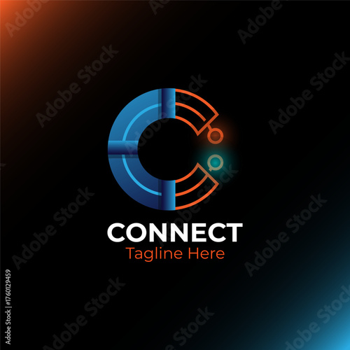 C letter initial futuristic tech circuit logo. Technology abstract line connection circle logotype.