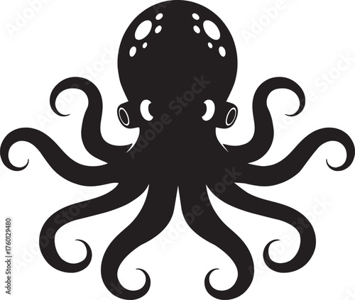 Black silhouette of an octopus vector art with eight swirling tentacles isolated on a white background