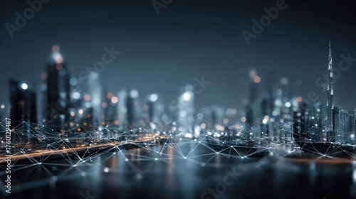 Futuristic cityscape at night with illuminated skyscrapers and digital connectivity network lines representing technology and smart urban infrastructure