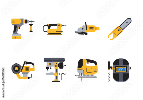 A colorful flat vector illustration of assorted construction and metalworking tools