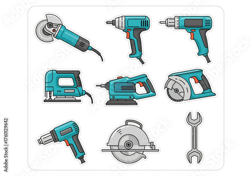 An array of teal and gray power tools neatly arranged on a white background