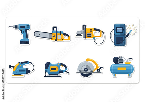 An array of eight cartoonstyle construction tools in blue and yellow with white sticker borders