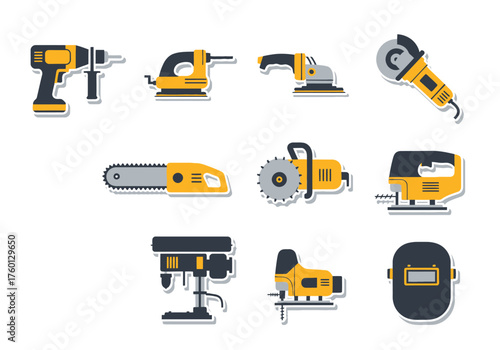 An array of workshop tools in yellow and grey all in a sticker style
