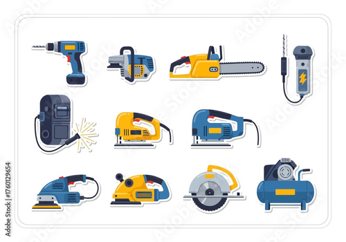 An array of workshop tools including drills saws welding gear sanders and a compressor displayed on a white background