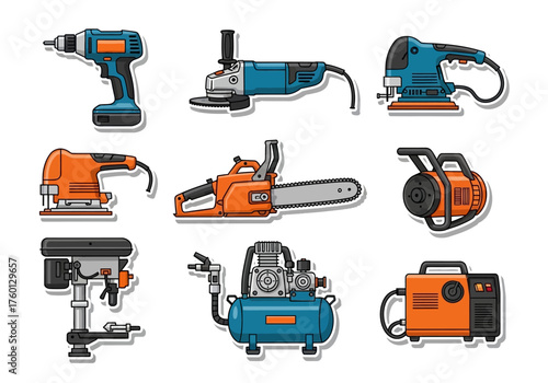 An assortment of nine outlined power tools depicted with cartoonish flair