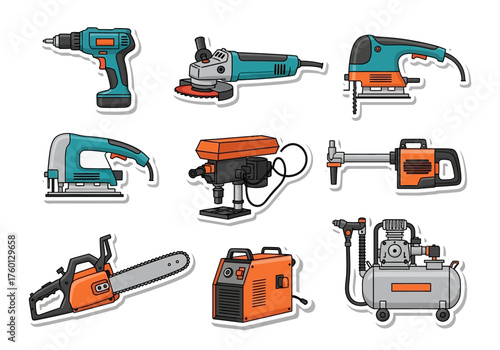 An assortment of teal and orange power tools stickers with white outlines