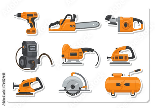 An illustration of various orange and grey power tools on a white background