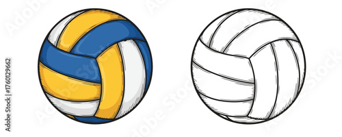 Detailed hand-drawn style illustration of two volleyballs one colored in white yellow and blue and one black and white outline drawing of the ball