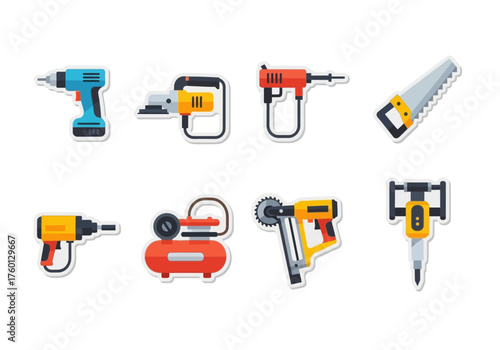 Assorted construction tools drill sander saw compressor jackhammer
