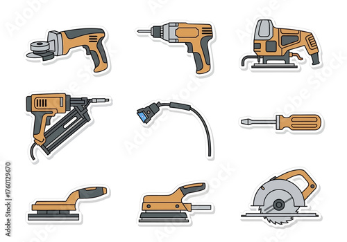 Assorted power tools are arranged in a grid on a white background