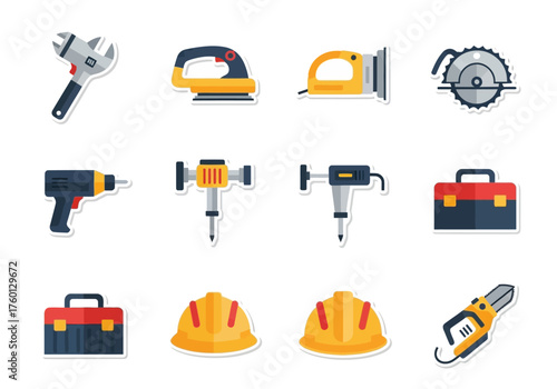 Assorted construction tools  equipment icons including toolbox hardhat saw  wrench arranged in rows