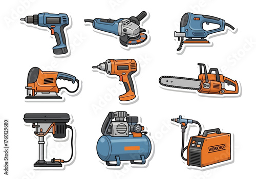 Assorted workshop tools drills sanders chainsaw grinder welder compressor and drill press