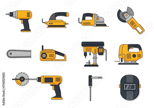Assorted yellow construction tools drill grinder saw sander and welding mask displayed on a white background