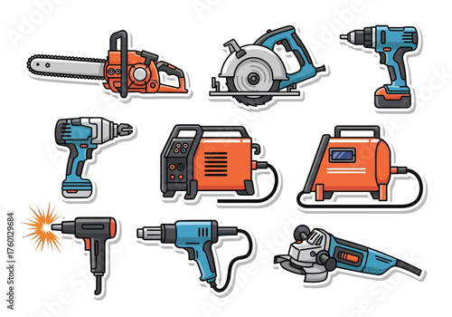 Assortment of nine illustrated power tools with thick outlines and drop shadows