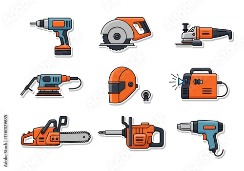 Cartoon depiction of nine diverse construction and welding tools against a white background