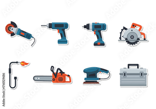 Assortment of vibrant power tools and a toolbox displayed on a white backdrop