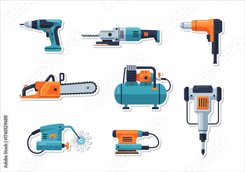 Cartoon illustration of eight different power tools arranged on a white background