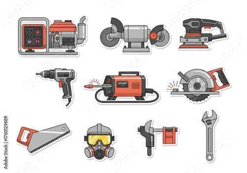 Cartoon icons showcase a collection of various power and hand tools on a white background