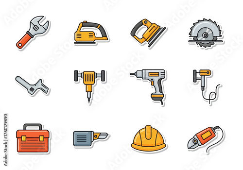 Cartoon sticker sheet of tools wrench sander saw drill toolbox grinder and hardhat