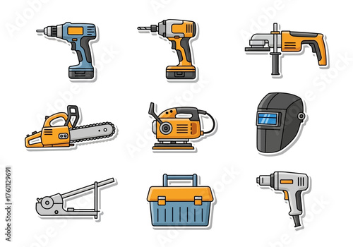 Cartoon image showcasing nine distinct construction tools rendered in a sticker style