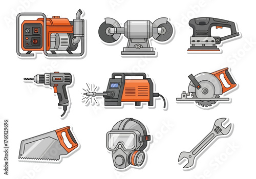 Cartoon tools generator grinder sander drill welder circular saw hand saw mask adjustable wrench